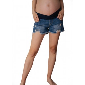 Рваные джинсовые шорты под живот для беременных Синые